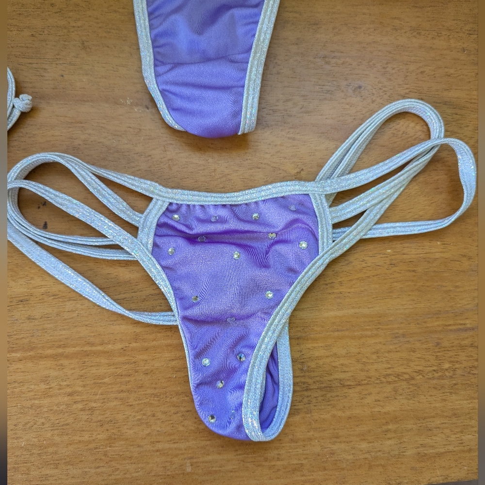 Vintage String Micro Bikini Exotic Dancer Purple Rhinestone‎ Rave V-string - Picture 9 of 14